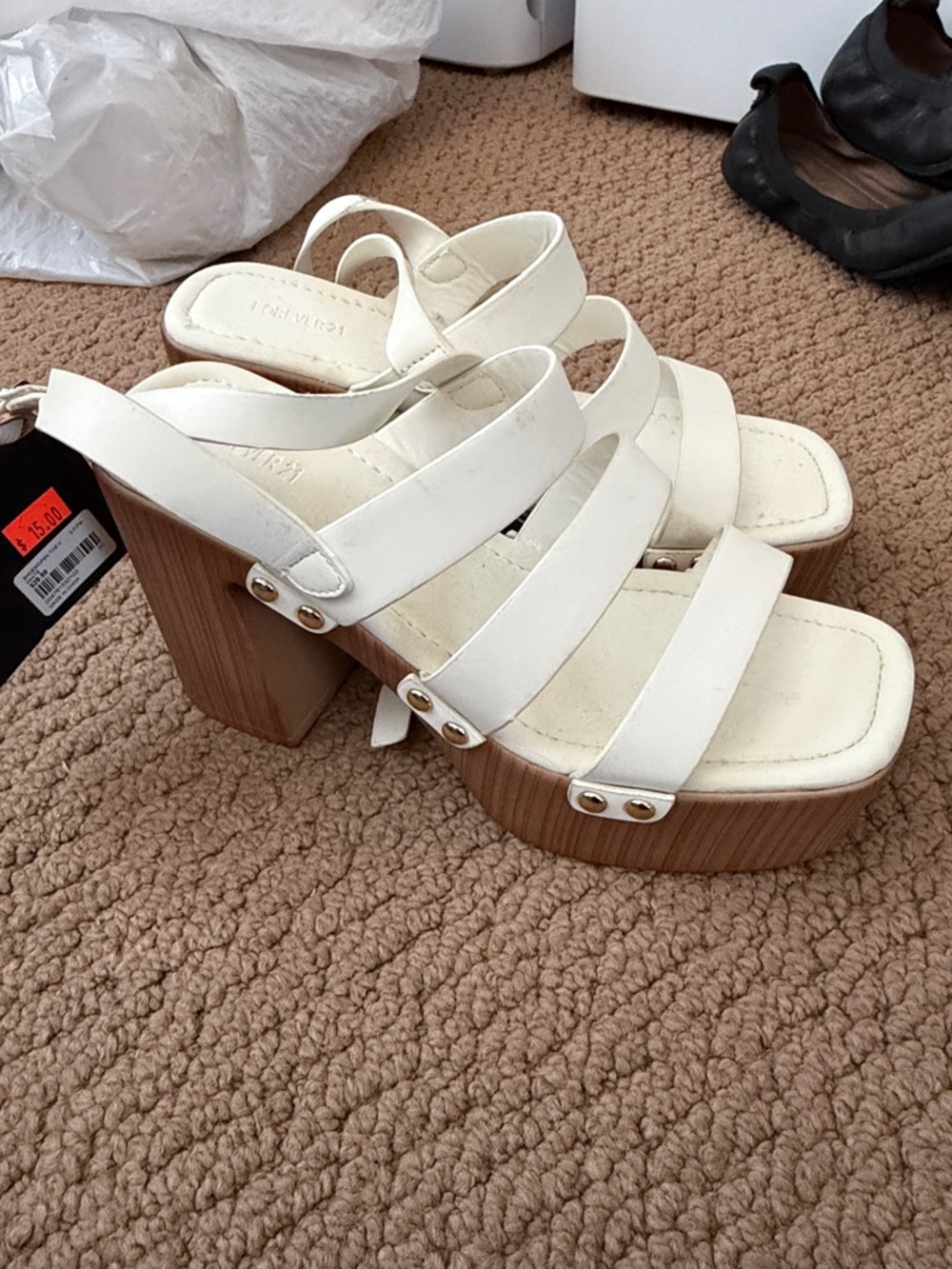 Forever 21 White Strappy Platform Block Heel Sandals